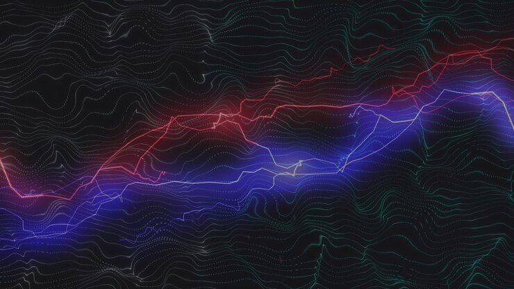 Animation of light trails over shapes on black background