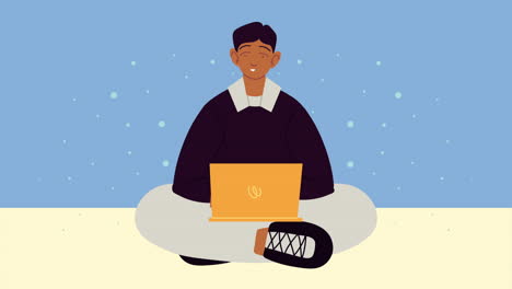 노트북 을 사용 하고 앉아 있는 젊은 남자