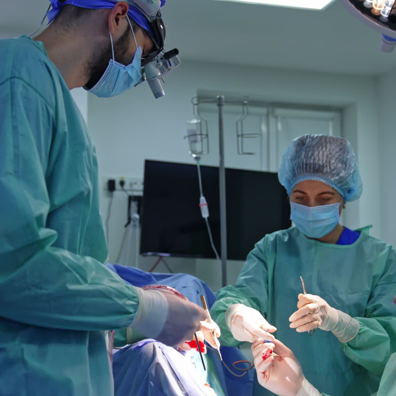 Team of professionals performing surgery in modern operational room. Nurse passing the prepared tools for doctors