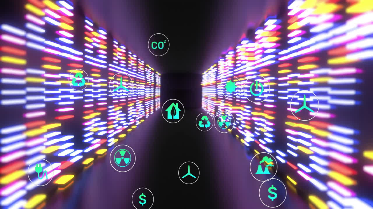 Animating futuristic digital tunnel converging in 3D render, showcasing floating green energy icons