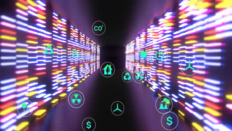 animating futuristic digital tunnel converging in 3d render, showcasing floating green energy icons