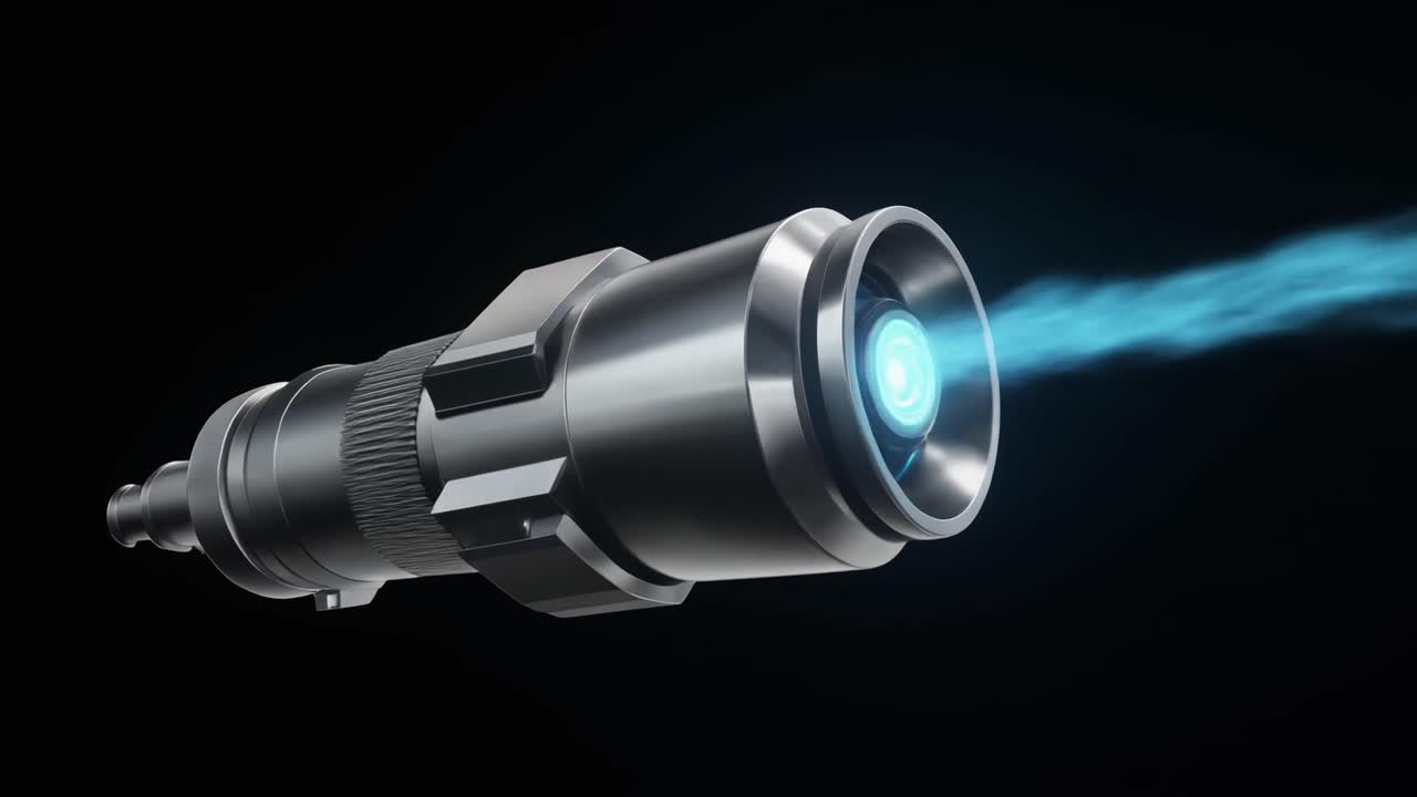 Futuristic Metallic Nozzle Emitting Blue Energy Beam