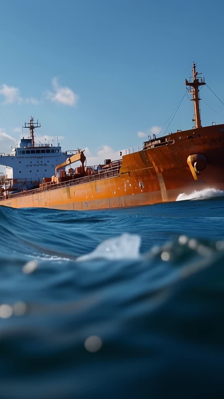 Un gran carguero surcando las olas bajo cielos azules despejados, capturado desde un ángulo bajo con salpicaduras de agua creando un efecto dramático en primer plano