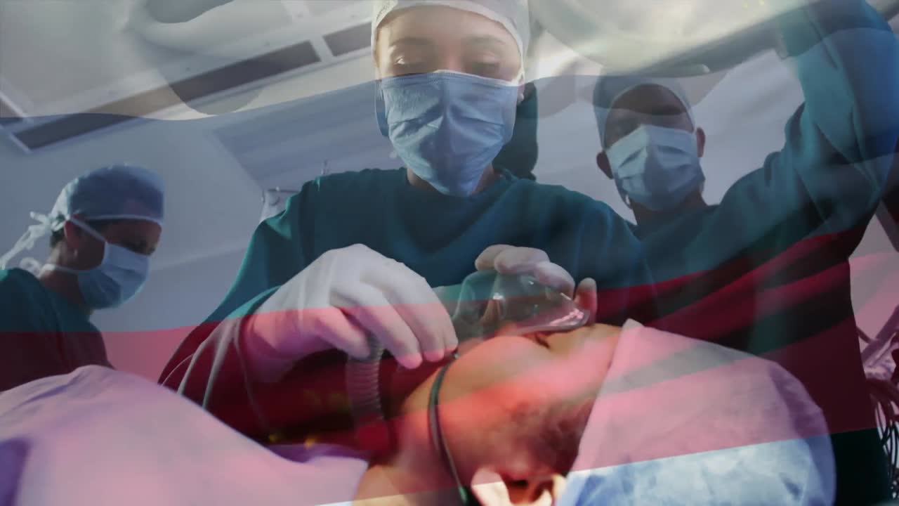 수술실에서 외과 의사 들 위 에 흔들리는 러시아 국기 의 애니메이션