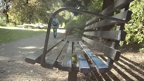 alone hiker walks away from bench