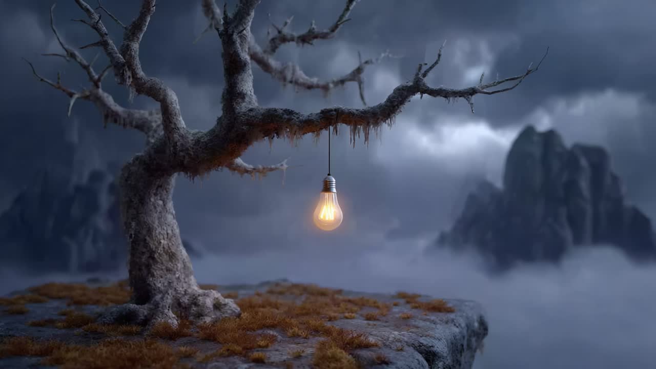 A mystical tree in an ethereal landscape, illuminated by a glowing lightbulb, surrounded by fog and mountains, creating a surreal and dreamlike atmosphere