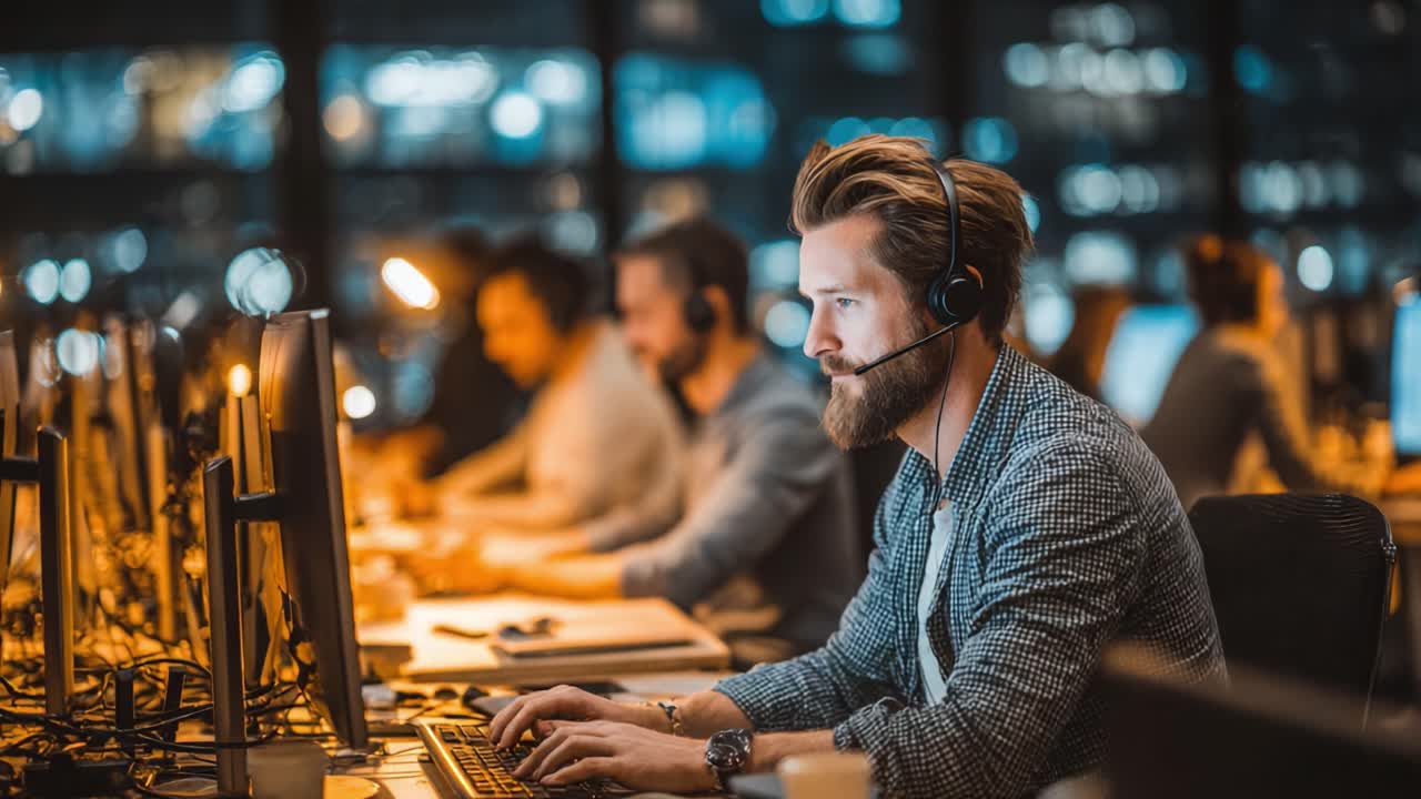Focused Call Center Agent Working Late at Night, Surrounded by Colleagues, Engaged in Customer Service Tasks with Headset and Computer in Modern Office Environment