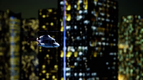 helicopter hovering above a vibrant city skyline at night