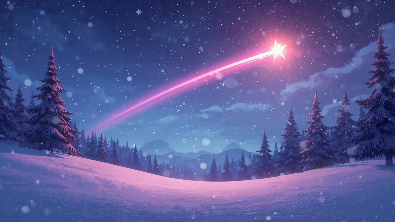 Entering atmosphere, bright pink meteor streaking across snowy pine forest at night, leaving trail