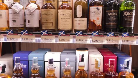 selection of scotch whisky bottles in a grocery store