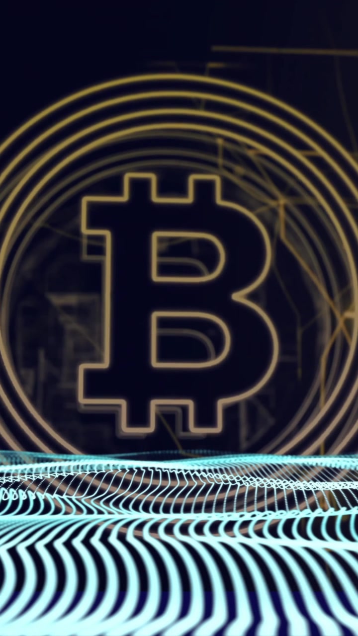 Simbolo Bitcoin su onde digitali e connessioni di rete