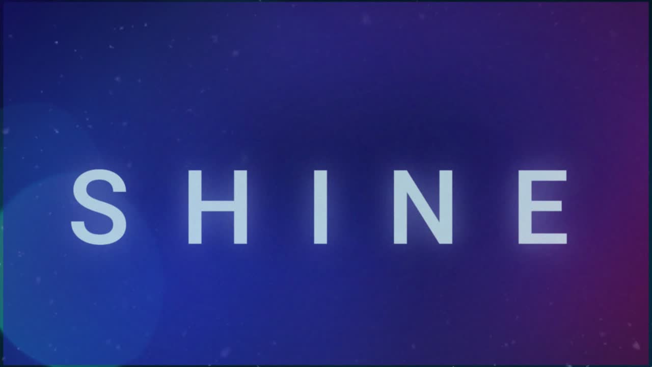 On start SHINE appearing on blue gradient, drifting bokeh, floating specks creating ethereal effect