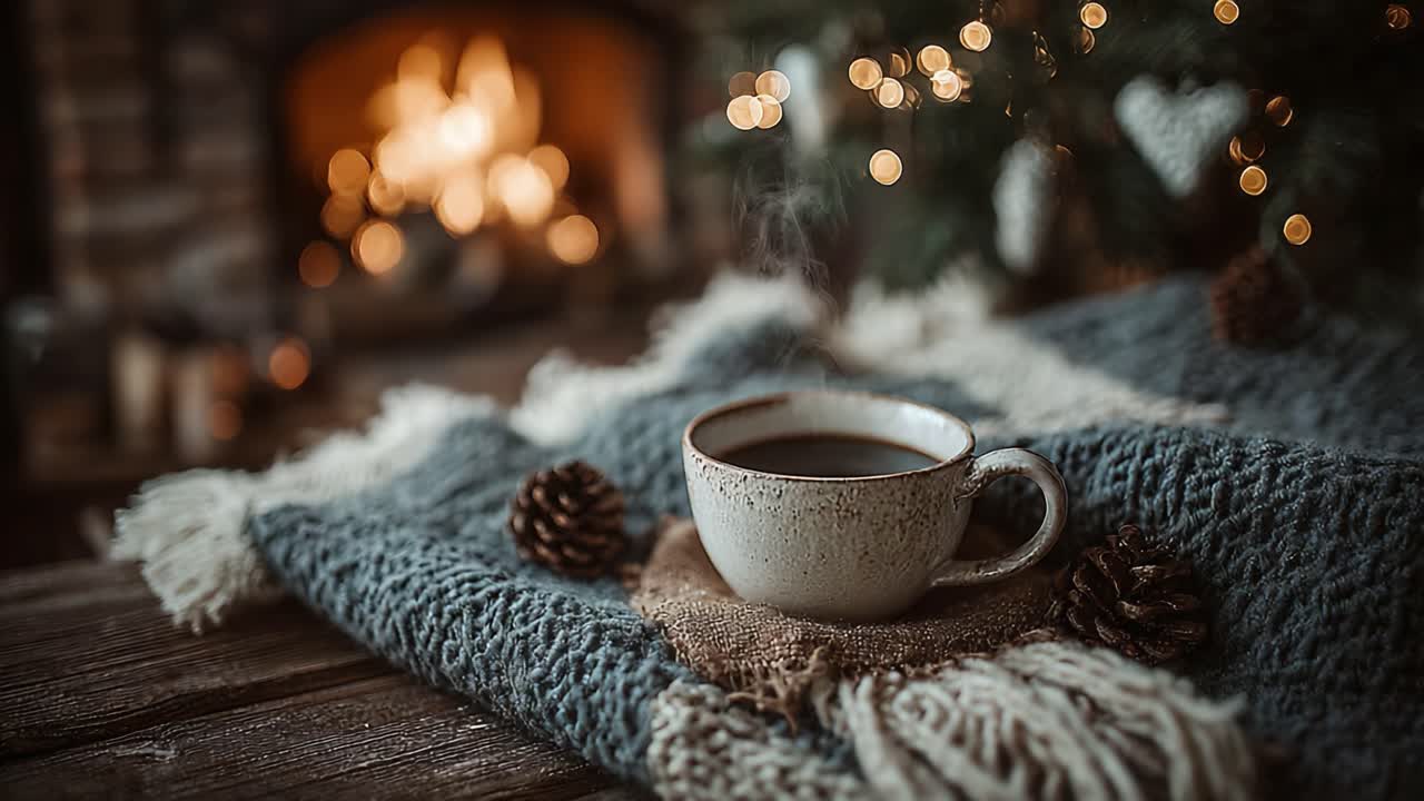 A Cozy Winter Moment Featuring a Warm Cup of Coffee on a Textured Blanket with a Glowing Fireplace and Twinkling Lights in the Background