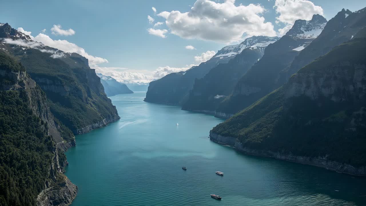 Gleitende Drohne, die auf den Piloten reagiert, um einen türkisfarbenen Fjord von oben zu filmen und Motorboote zu zeigen
