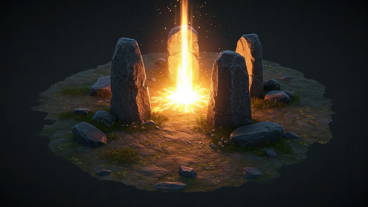 Mystical Stone Circle Engulfed in Ethereal Flames Surrounded by a Lush Landscape of Rocks and Grass Capturing a Moment of Enchantment in Nature