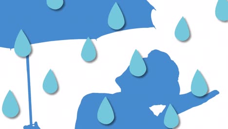 Animation-Von-Regentropfen,-Die-über-Einen-Blauen-Mann-Mit-Regenschirmsilhouette-Fallen
