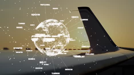 animation of global network of connections with aeroplane in background