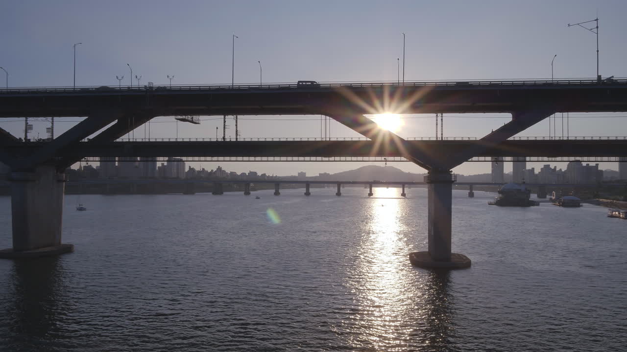Seoul, Cheongdam Bridge, afternoon, sunset , Drone Shot, boom up shot