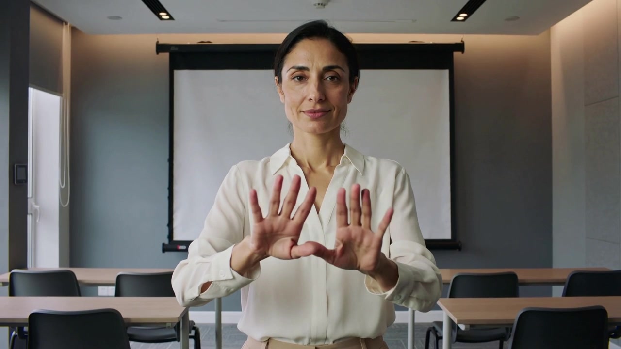 Una donna istruttrice in camicetta e pantaloni muove le mani verso la telecamera, rivolgendosi al pubblico in una stanza accanto a uno schermo.