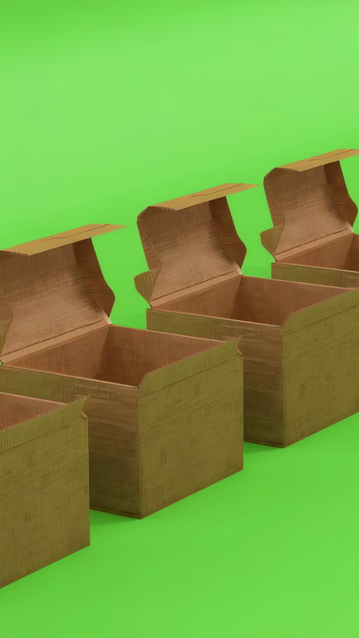 Vertical video: Panning camera across studio, showing open brown boxes on green backdrop for keying