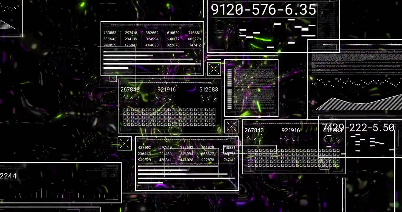 On start wireframe windows clustering and shifting while neon particles flowing, visualizing data
