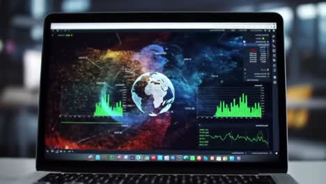 visualizing global data: analyzing real-time metrics and trends through dynamic graphs and earth imagery on a laptop screen