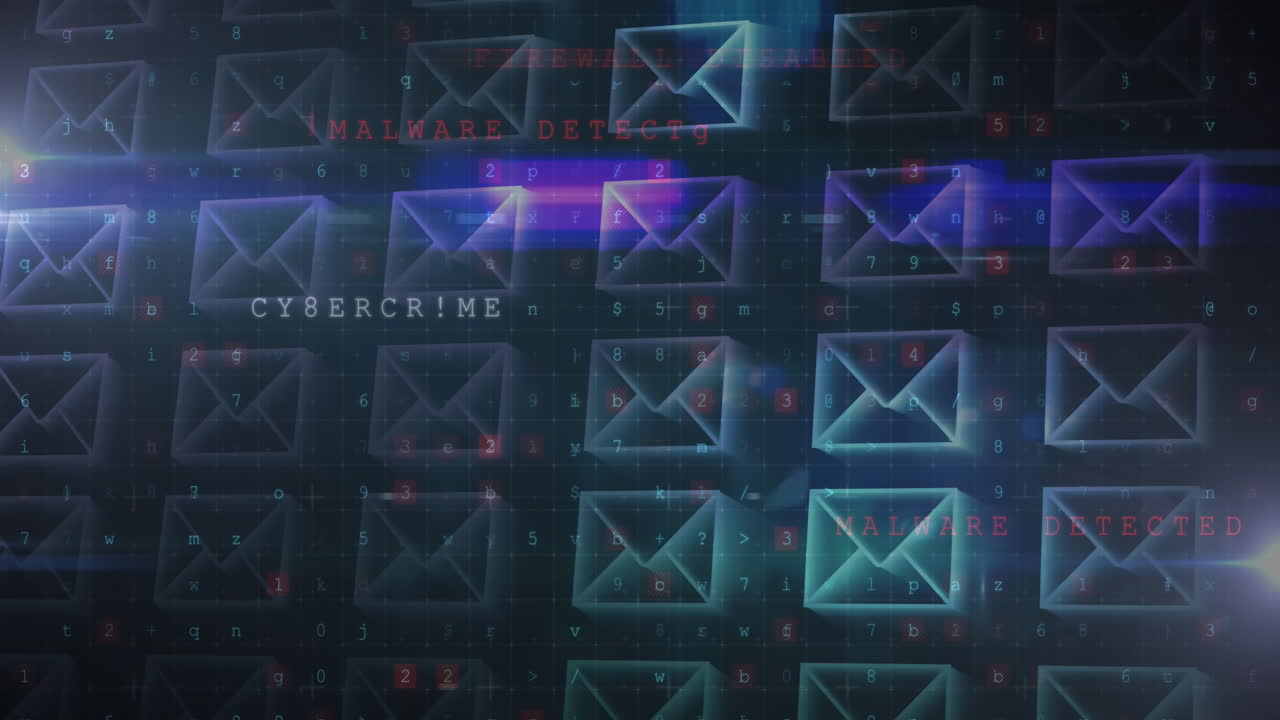 animación de palabras y números de ciberdelincuencia procesados en filas de sobres digitales