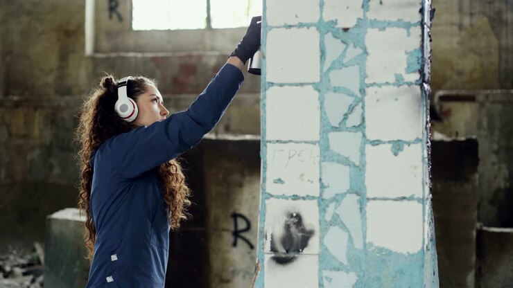 Pittrice di graffiti crea un'immagine astratta su un pilastro in un vecchio magazzino danneggiato e ascolta musica con le cuffie. Concetto di arte moderna e persone creative