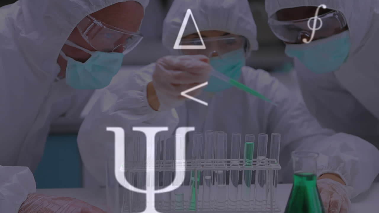 실험실에서 얼굴 마스크를 쓰고 일하는 의료 종사자 그룹에 대한 수학적 기호