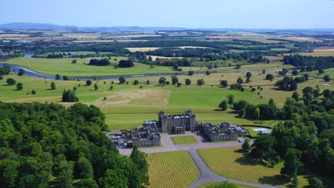 drone aerial of floors castle and garden, scotland, united kingdom