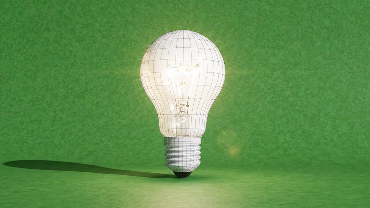 Illustrazione di una lampadina illuminata: un design concettuale che mostra luminosità su uno sfondo verde in due fotogrammi distinti di una presentazione video.