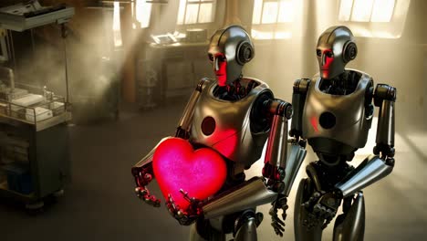 robots sosteniendo un corazón en un entorno hospitalario