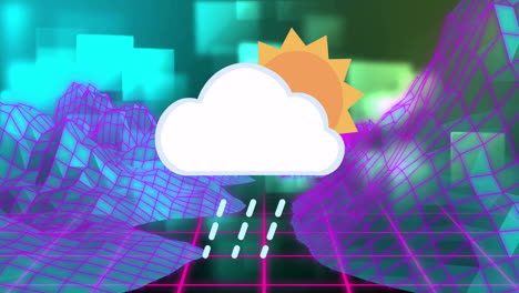 Animation of rain and sun over neon grid in digital landscape
