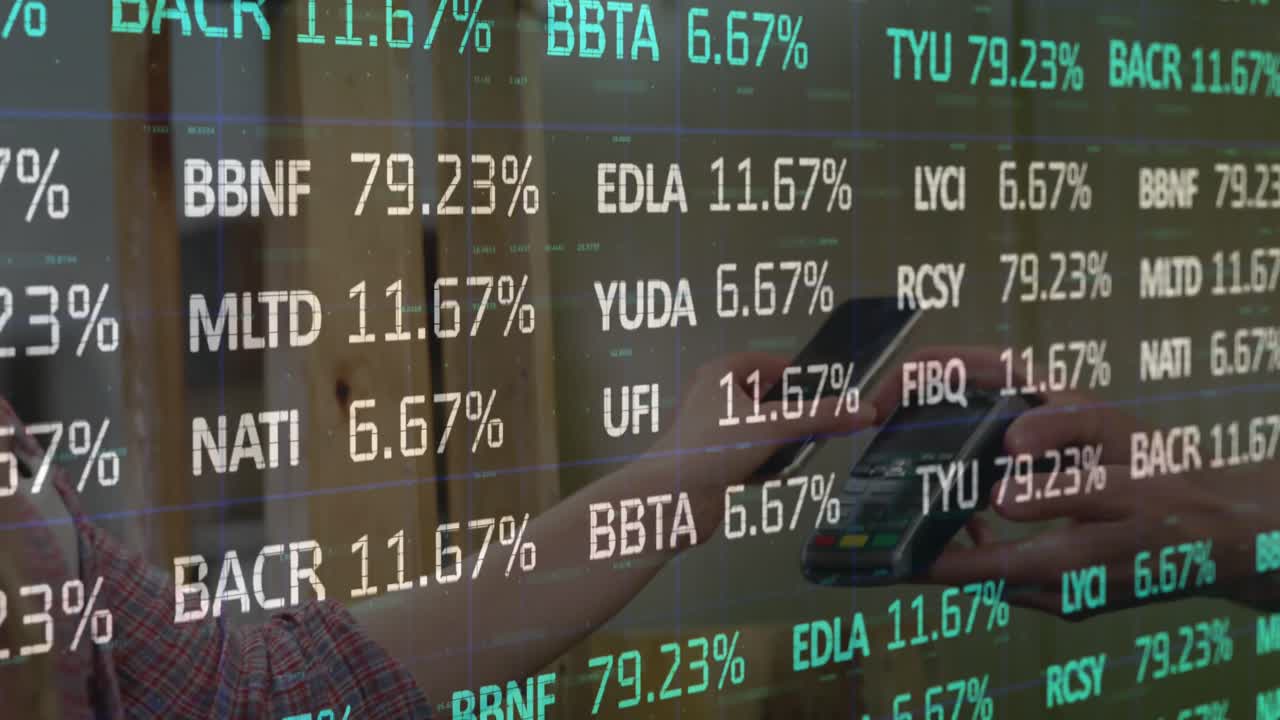 Animation of stock market over diverse people paying with smartphone