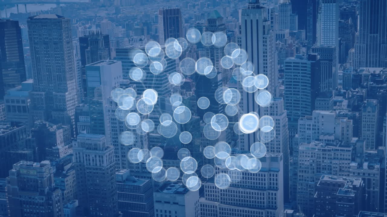 都市風景の上でオンラインで形成されたグローブのアニメーションデジタルアイコン