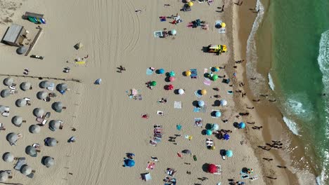 aerial view of a beach with umbrellas and people