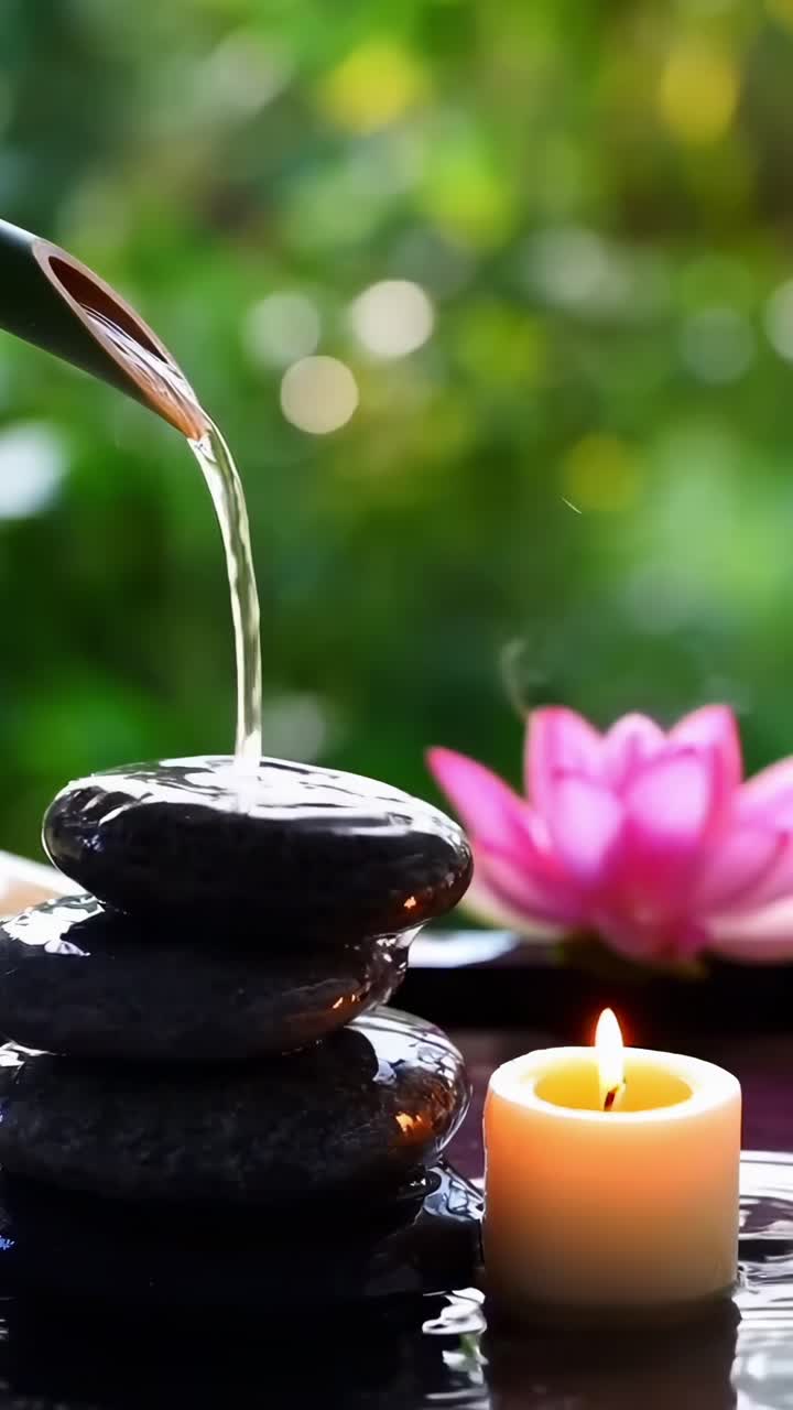 Fredfyldt spa-scene med vand, der løber over sten, stearinlys og lotusblomst