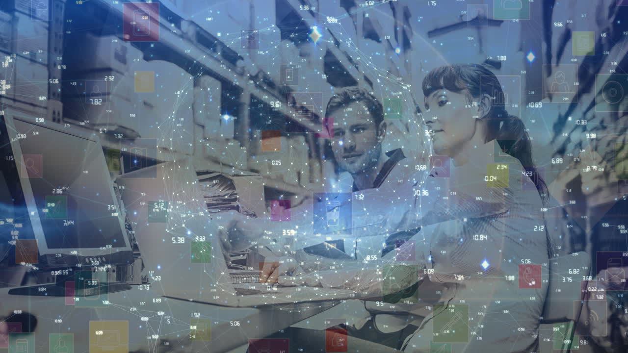 컴퓨터를 사용하여 커플을 통해 디지털 아이콘으로 연결 네트워크의 애니메이션