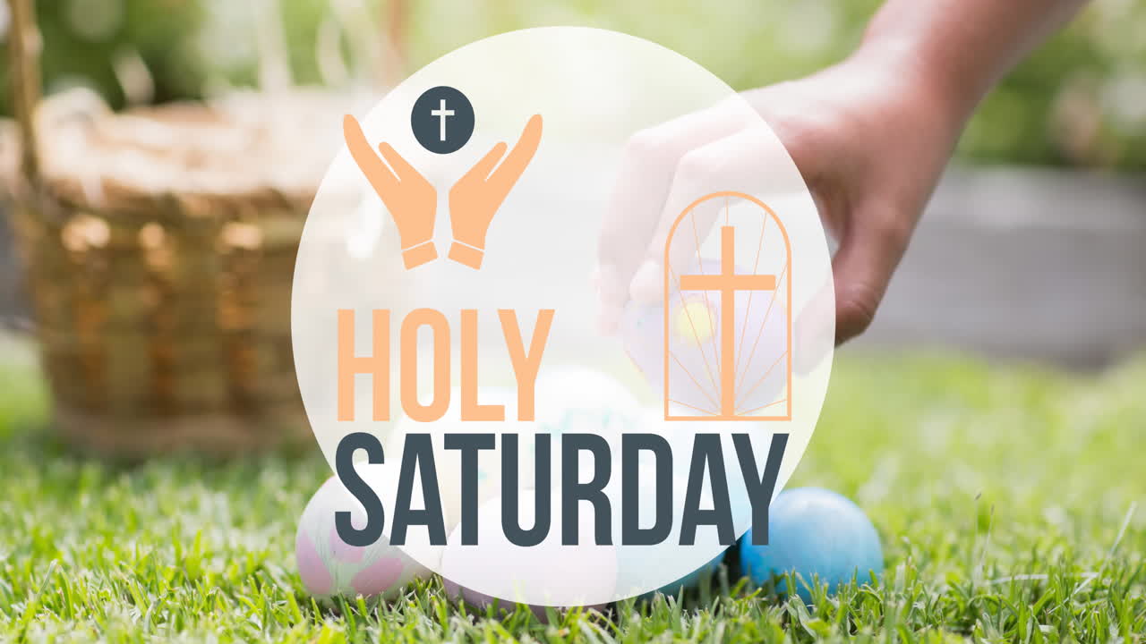 Animation of holy saturday text over hand collecting easter eggs