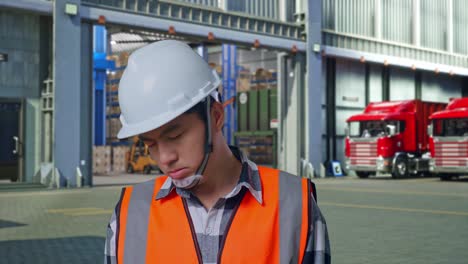close up of asian male engineer with safety helmet having a headache while working , outside of logistics distributions warehouse