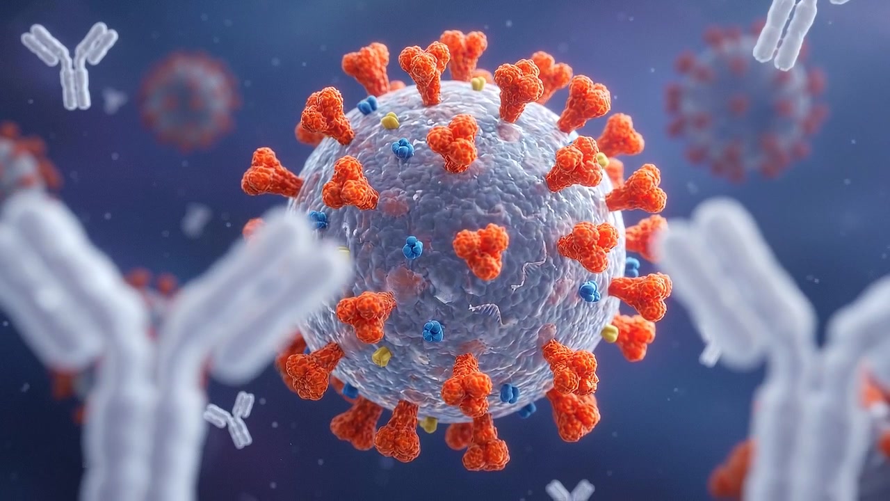 Rendu 3D d'un virus pathogène avec des anticorps attaquant la structure cellulaire