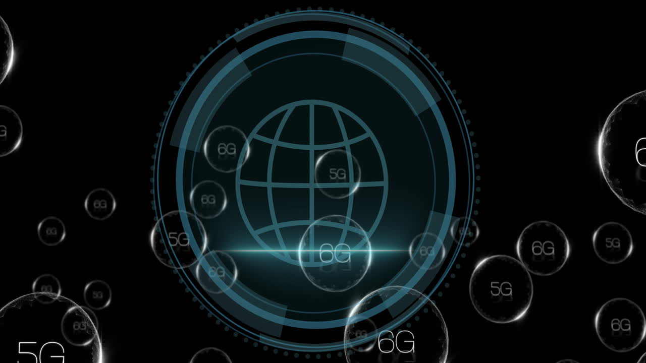 Animation of 6g text and digital data processing over globe on black background