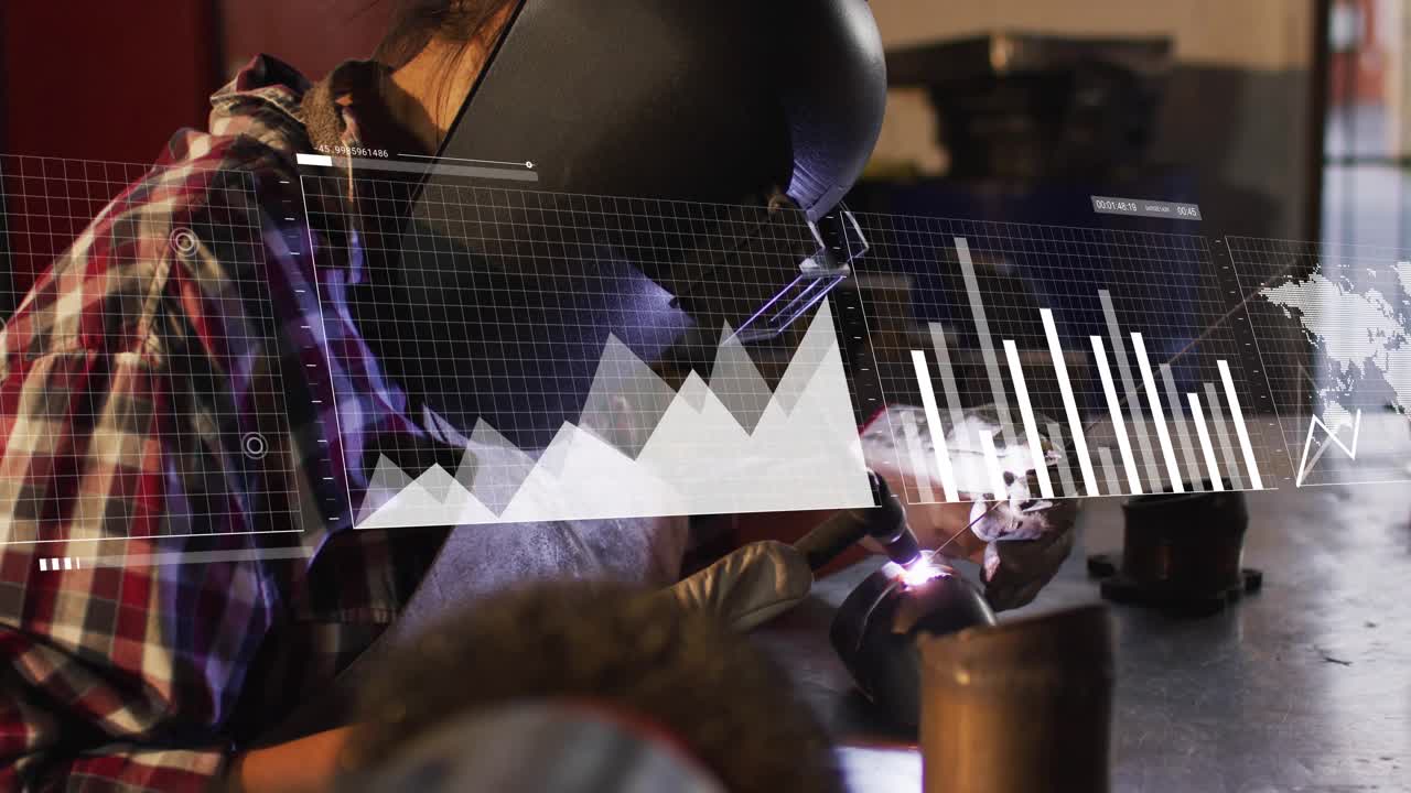 Female welder bringing torch to joint, joining metal at workbench making arc and spawning AR charts