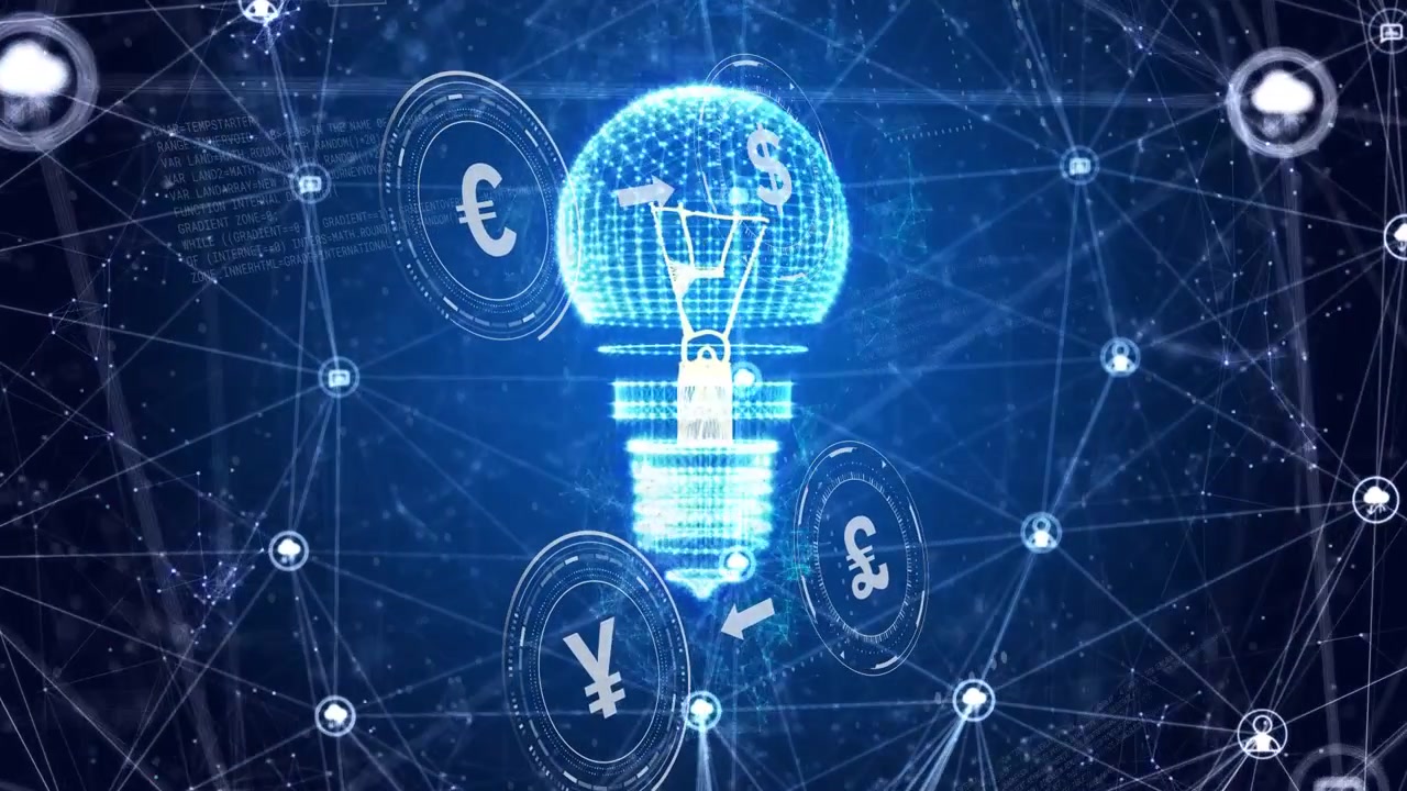 Web forming, starting holo bulb assembling filament, currency rings orbiting, showing finance flow