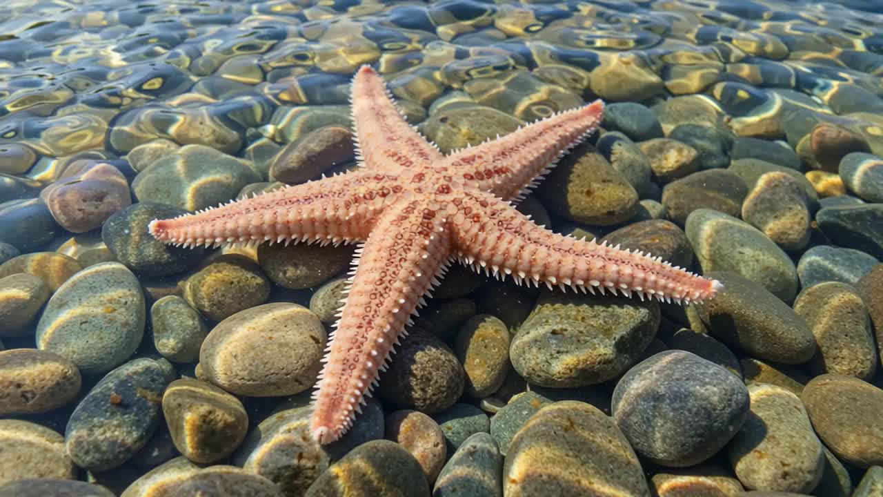 A Close-Up View of a Beautiful Starfish Resting on a Bed of Smooth Pebbles Under Clear Water, Showcasing Nature's Wonders and Marine Life