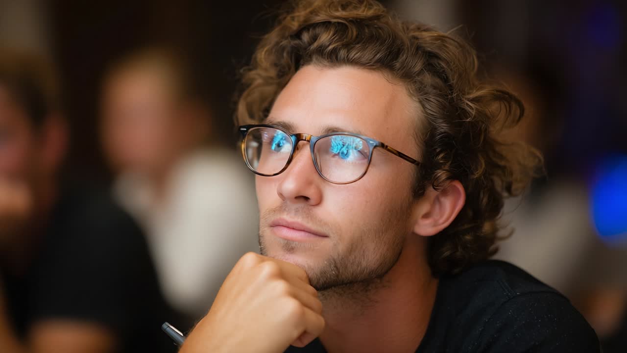 Thoughtful Individual Engaged in Reflection During a Session, Captured in Two Distinct Frames to Highlight the Depth of Contemplation and Focus Amidst a Group Setting and Intellectual Exchange