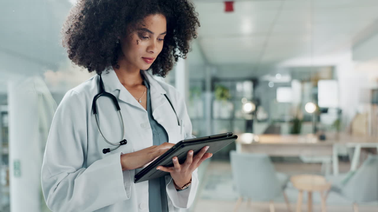 Tablet, doctor and hospital woman reading medicine