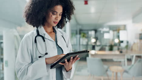 tablet, doctor and hospital woman reading medicine