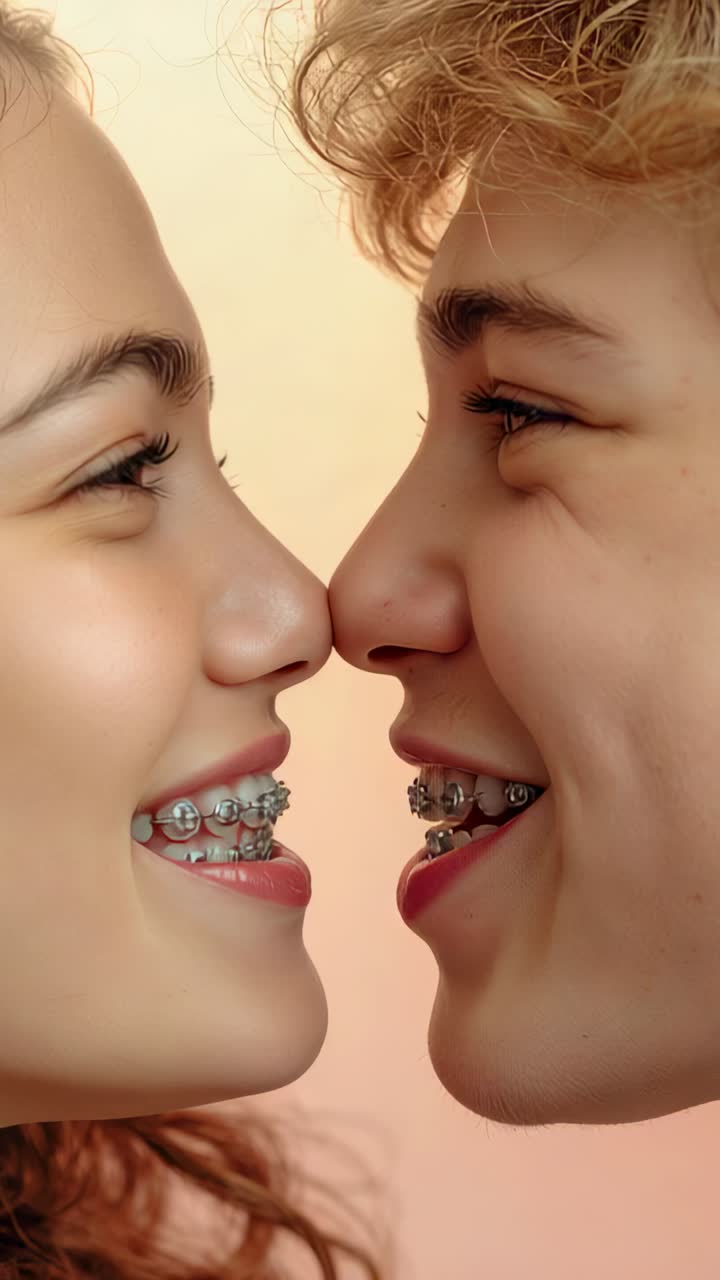Vertical video: Entering two teens pressing close in studio, showing affection and metal braces