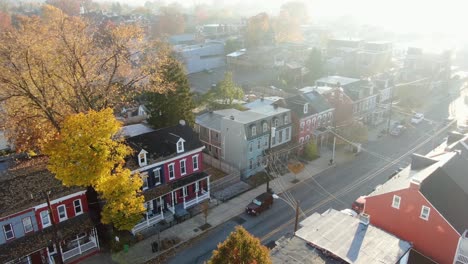 Aerial-establishing-shot-of-row-homes-in-city